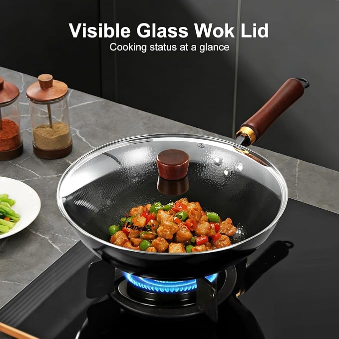 Carbon Steel Wok Pan, 11.8-Inch Nonstick Pre-Seasoned Woks & Stir-Fry Pans with Glass Lid, No Chemical Coated Wok Round Bottom Hand Hammered Chinese Wok for Gas Stoves