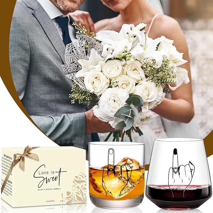 comfit Engagement Gifts for Couple, Ring Finger Wine&Whiskey Glass Set,Bride and Groom Just Married Gift, Mr and Mrs Newlyweds Bridal Shower,Valentine's Day Gift,Wedding Gifts for Couples 2026