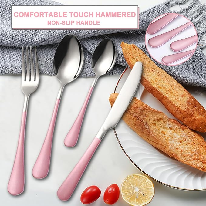 24 Pieces Silverware Set, Stainless Steel Cutlery Set with Holder, Flatware Set for 6 Person Tableware Set Includes Dinner Knives Forks Spoons Teaspoons, Mirror Polished (Pink)