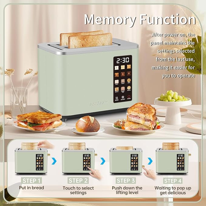 SEEDEEM Touchscreen Toaster 2 Slice, Stainless Steel, 6 Shade, 900W, Green