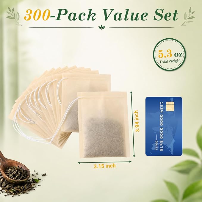 300PCS Disposable Tea Filter Bags with Drawstring | 100% Natural & Safe Loose Leaf Tea Empty Tea Bags, 1-Cup Capacity