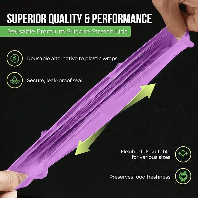 Reusable Silicone Stretch Lids for Food Storage in Fridge - Elastic Heat-Resistant Bowl Covers, Cups, Cans, Jars - Universal Food Grade Lid for Containers - 7 Pack - Purple Stretchy Lid Set
