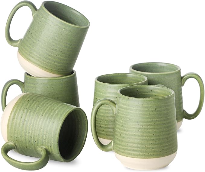 HASENSE Porcelain Coffee Mugs Set of 6, 15 Ounce Large Ceramic Coffee Cups Set with Handle for Latte, Tea, Cocoa and Hot Chocolate, Green Coffee Mugs for Men and Women, Microwave Safe