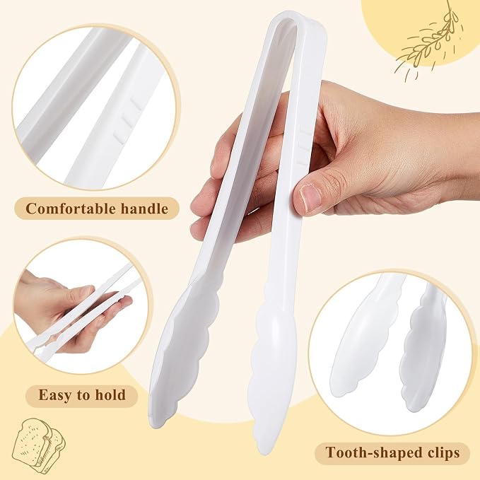 Tessco for you 25 Pcs Plastic Tongs for Serving Bulk, 9 Inch Plastic Disposable Serving Tongs, Heavy Duty Salad Tong for Kitchen, Buffet, BBQ, Events & Catering (White)
