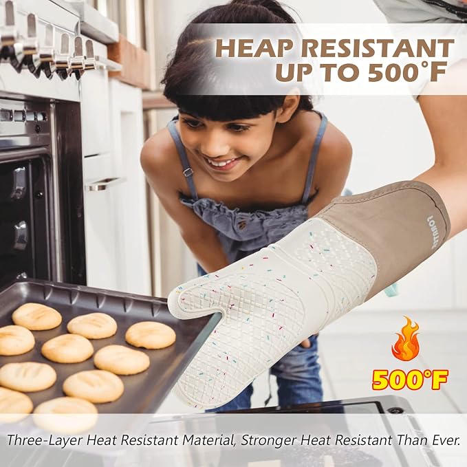 Extra Long Silicone Oven Mitts - Heat Resistant up to 500°F, 15'' Waterproof and Non-Slip Oven Gloves with Soft Quilted Liner - Perfect for BBQ, Cooking, Baking, and Grilling - 1 Pair, White