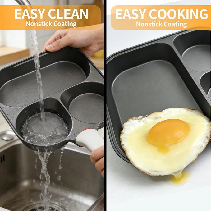 Nkove Egg Pan, 3 in 1 Breakfast Skillet with Divided Sections for Eggs | Nonstick Multi Compartment Frying Pan, Induction Compatible Cookware for Eggs, Pancakes, Bacon and Easy Breakfast Cooking