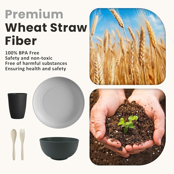 Unbreakable Wheat Straw Dinnerware Sets, Plastic Plates and Bowls Sets Alternative 20 PCS, Microwave & Dishwasher Safe Dish Set for Kitchen, Camping, Kids, Apartment, Lightweight(Grey Stone)