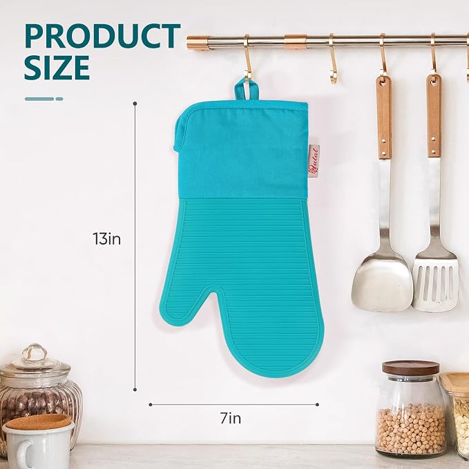 YUTAT Silicone Oven Mitts,High Heat Resistant Up to 500 Degrees,Waterproof Cooking Gloves with Soft Polyester Filling,Kitchen Potholder Set - Perfect for BBQ, Baking and Cooking,Green,2 Pcs Set