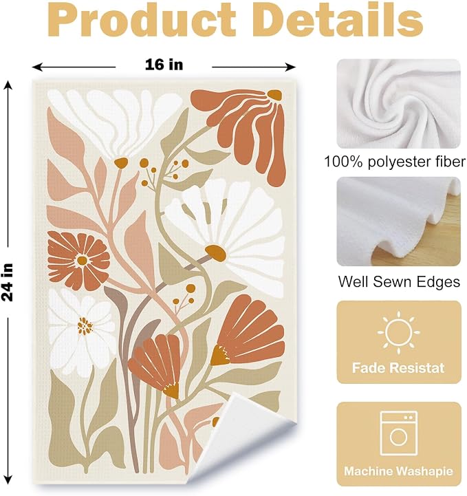 Abstract Boho Beige and White Floral Kitchen Towels Set of 2, 70s Retro Groovy Botanical Dish Tea Towels for Kitchen Decor, Mid Century Modern Hand Towels for Bathroom Decor, 16x24 Inch