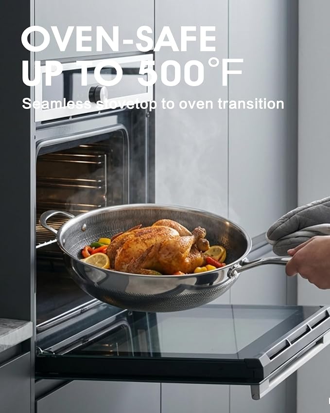 USELUCK Nonstick 12-Inch Wok with Glass Lid,Hybrid Tri-ply Stainless Steel WokCompatible with All Cooktops.