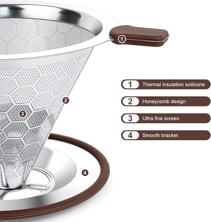 Pour Over Coffee Maker, Reusable Stainless Steel Filter | Easy to Clean, No Paper Waste. BPA-Free, Plastic-Free Coffee Filter. Eco-Friendly, Reusable, 1-2 Cup