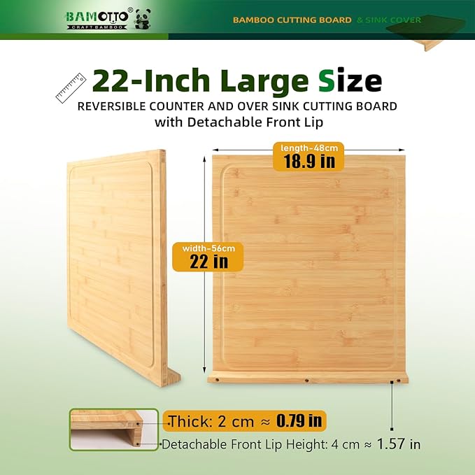 BAMOTTO CRAFTBAMBOO 18.9x22 Inch Extra Large Bamboo Cutting Board Over Sink | Non-Slip Detachable Lip | Reversible Juice Groove | Kitchen Noodle Board | RV Stovetop Cover | Turkey Carving