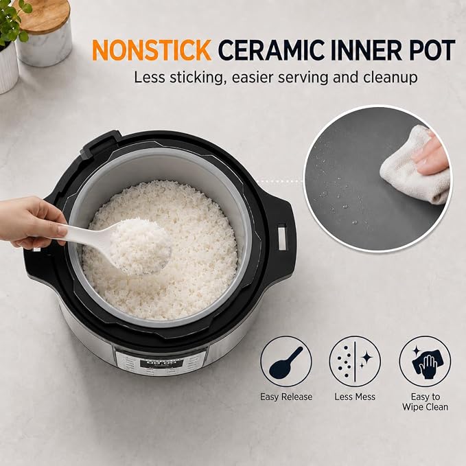 CARORI 8Qt 12-in-1 1200W Stainless Steel Pressure Cooker,Quick Meals, Time-Saving, Healthy, Convenient & Efficient - with Safer Venting & Recipe Book, Silver