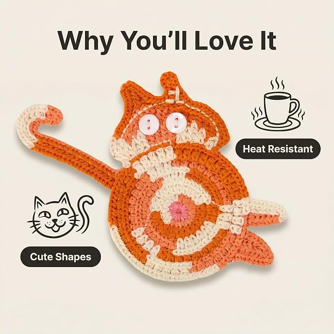 Cat Gifts for Cat Lovers 3PCS Cat Coaster Woven Creative Cat Coaster