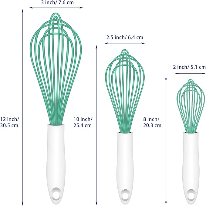 OYV Teal Silicone Whisk Set of 3, 8/10/12 Inch, Dishwasher Safe, Aqua | Sealed Waterproof Handles, Non-Scratch Silicone-Coated Wires, Nonstick-Safe, Durable Stainless Steel Cores, BPA free