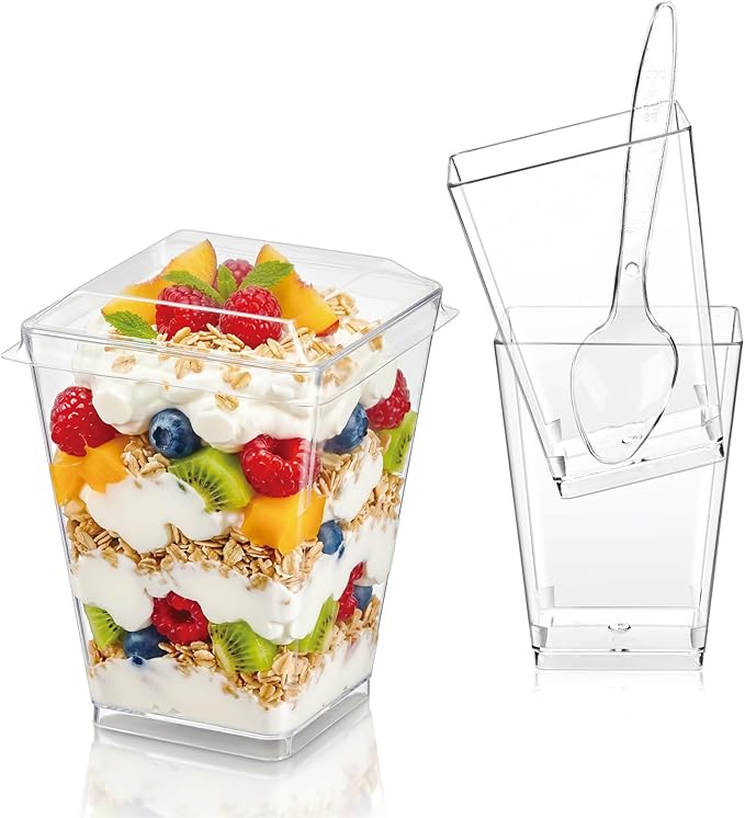 Hiasobre 5 oz Plastic Dessert Cups with Lids and Spoons, 75 Pcs | Clear Reusable Square Mini Parfait Appetizer Cups, Shooter Serving Cups, Party Dessert Shot Glasses for Tasting