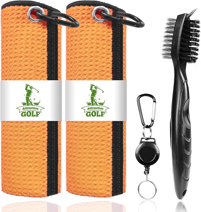 2 Pack Golf Towels with Club Brush, Microfiber Waffle Cleaning Set | Waffle pattern microfiber for strong water absorption, cleans clubs & balls, 2 towels + 1 brush, ideal for golfers