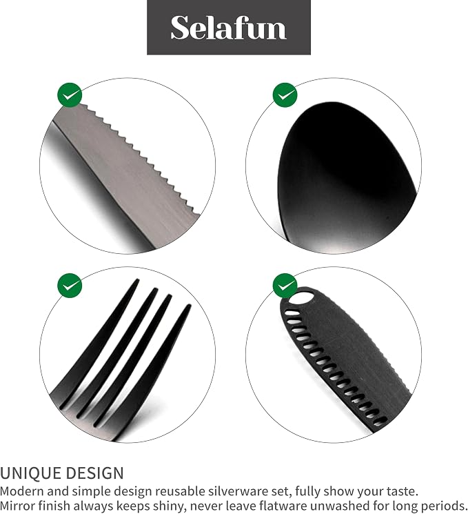 5-pieces Travel Set with Case Portable Silverware Utensils Set for work, Stainless Steel Reusable Flatware Set Cutlery Set for Camping Picnic Hiking Office, (matte black, 5.9)