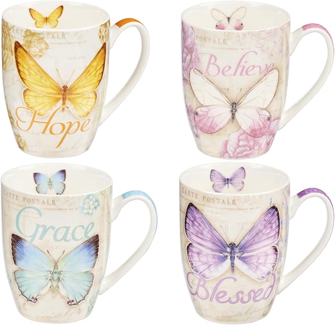 Christian Art Gifts Ceramic Mug Set-Butterflies (Set Of 4)