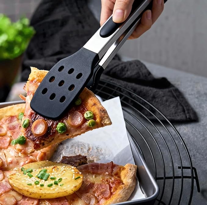 9 Inch Kitchen Tongs, Stainless Steel Cooking Tongs with Silicone Tips | For Cooking/Serving/Grilling | Heat-Resistant | Food-Grade Material | Dishwasher Safe | 9", Black