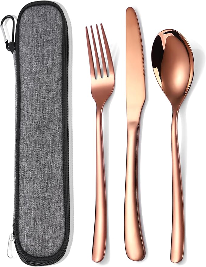 MURRI&MURRDI Travel Stainless Steel Cutlery Set for 1, Reusable Flatware Set with Case, Camping Silverware Set for Work, Knife Fork Spoon Utensil Set 3 Piece (Rose Gold)