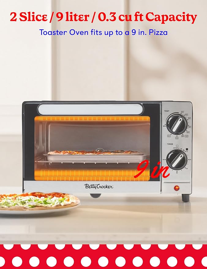 Betty Crocker 9L 2-Slice Toaster Oven, 1000 Watts, BC-5665B, Black/Silver | Chrome Plated Front, Stainless Steel Handle, Bake, Broil & Toast Functions, Easy Control Dials, Includes Baking Pan & Rack