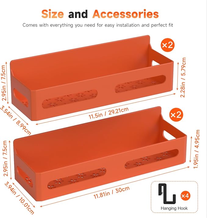 4-Pack Magnetic Spice Rack for Refrigerator with Hooks, Orange | Strong multipurpose magnetic shelf for kitchen & bathroom organization. Includes 4 removable hooks for hanging items.