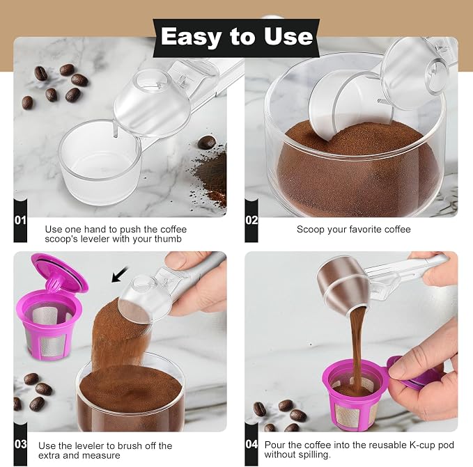 Coffee Scoop & Funnel for Reusable K Cup Refillable Coffee Pods, Coffee Measuring Spoon 2 Tablespoon Capacity, Scoop with Funnel for Ground Coffee, Protein Powder, Tea (Clear, 2 Pack)