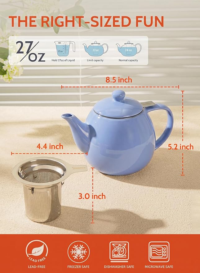 Sweese Porcelain Teapot 27 oz with Infuser for Loose Leaf Tea, Dusty Blue