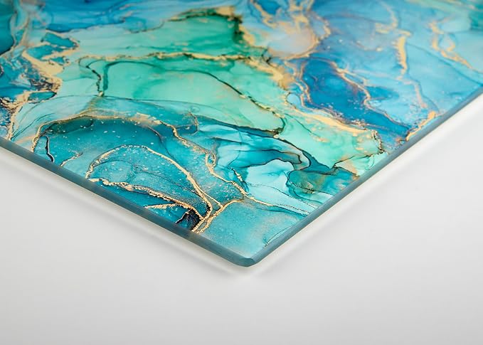 Glass Cutting Board 16"x12": Tempered Glass Kitchen Counter Protector - Durable- Scratch-Resistant, Heat-Proof - Design 9 - Teal Ocean