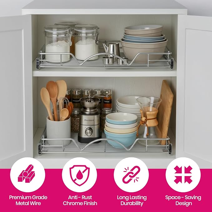HOLDN’ STORAGE Pull Out Cabinet Organizer, Heavy Duty Caddy w/Lifetime Limited Warranty -20”W x 21”D - Requires At Least 21-1/4” Cabinet Opening, Steel Metal Cabinet Drawers Slide Out, Chrome | Heavy-Duty Caddy, Lifetime Limited Warranty, Steel Metal C...