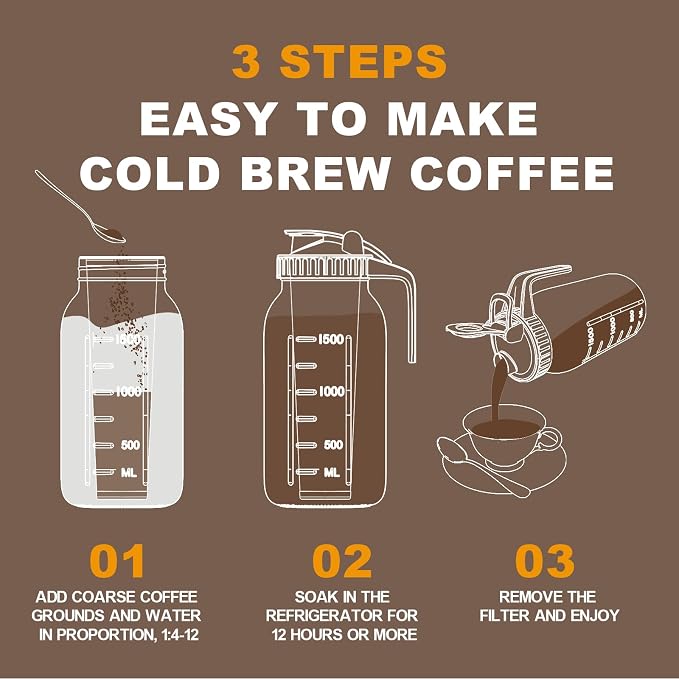 Cold Brew Coffee Maker, 32 oz Glass Mason Jar Pitcher | 100μm stainless steel filter, wide mouth design, leak-proof lid with handle, pour spout for iced coffee, tea and cold drinks