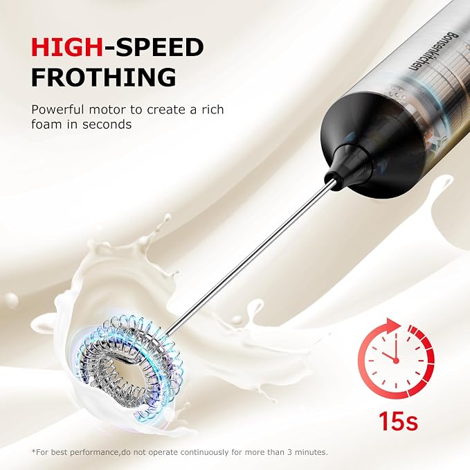 Bonsenkitchen Rechargeable Milk Frother with Stand, 3-Speed Handheld Coffee | Dual Spring Whisk Electric Hand Frother Wand Drink Mixer for Lattes Cappuccino Protein, Kitchen Gifts
