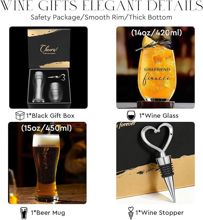 AW BRIDAL Fiance Wine Glasses and Beer Mug Set with Wine Stopper for Couple | Engagement Gifts for Women, Newly Wed Gift for the Couple 2026, Engaged Wine Glasses for Bride to Be, Fiance Fiancee Gift