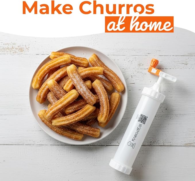 Churro Maker Kit, Booster-Powered Handle, Filler Needle, 3 Nozzles | QR recipe guide, 304 stainless steel nozzle, homemade filled churros, sweet fillings, easy shaping, family cooking activity