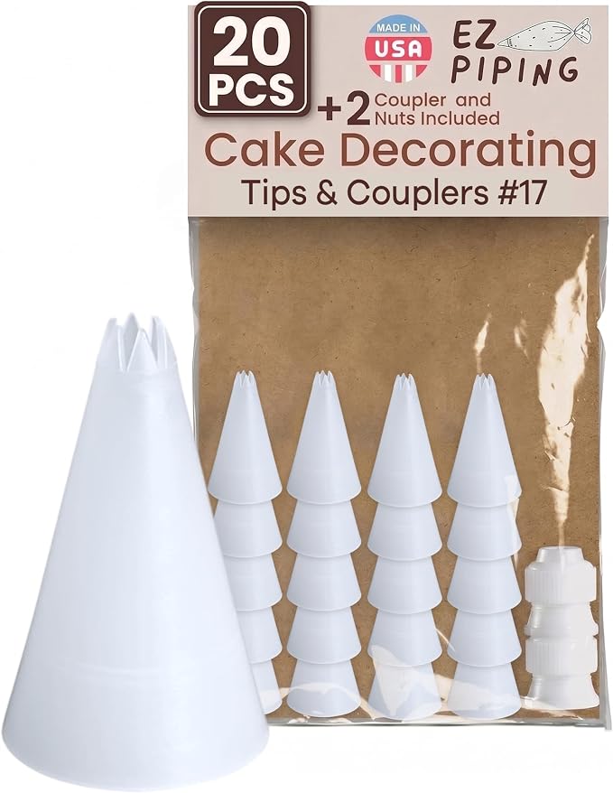 Reusable Plastic Piping Tips, Nozzles Standard Size Star Tip #17 (20pcs) | EZPiping Icing Nozzles with 2 couplers for Cake Decoration and Dessert Design, Baking Supplies Base Ø 0.75" Height 1.25"