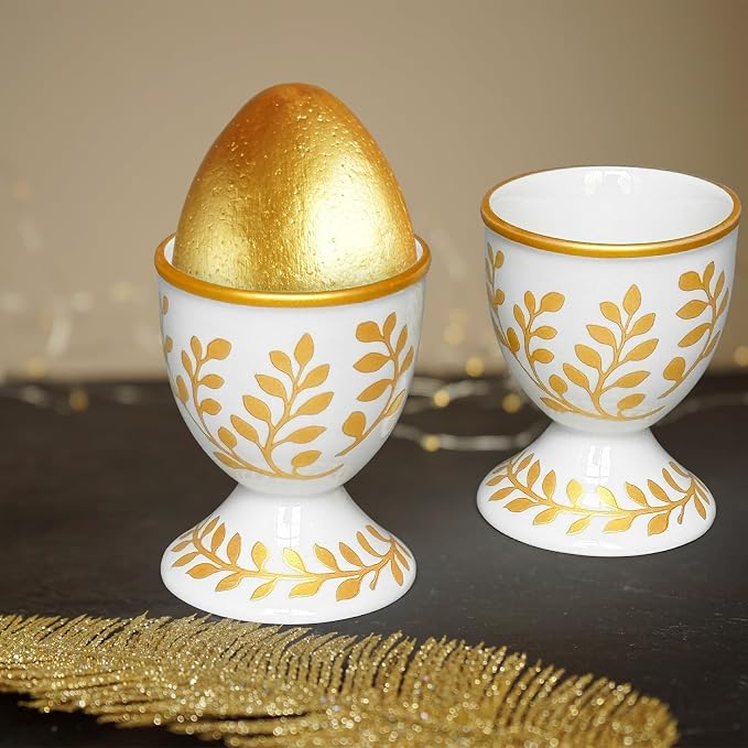 Cinf Ceramic Egg Cups, Set of 2, Champagne Gold Boiled Egg Holders | Set of 2 ceramic egg cups, elegant champagne gold stable base, easy to clean, ideal for boiled eggs and breakfast serving