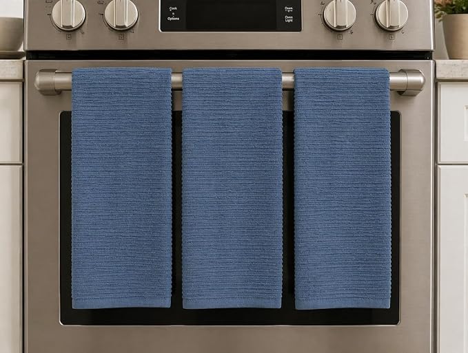 Chambray Denim Blue Kitchen Hand Dish Towels, Set of 3, 100% Cotton, 18" x 28" | Terry Loop Ribbed Textured, Soft & Absorbent Cleaning Cloth, Quick Dry, Multipurpose For Everyday Use