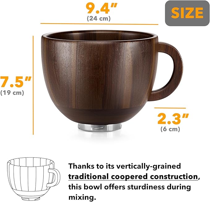 SpaceAid Wooden Bowl with Handle, Kitchen Space Aid Acacia Wood Mixing Bowls Holder for Stand Mixer, Compatible with 4.5 & 5 QT Tilt-Head Models Kitchen, Natural Wood