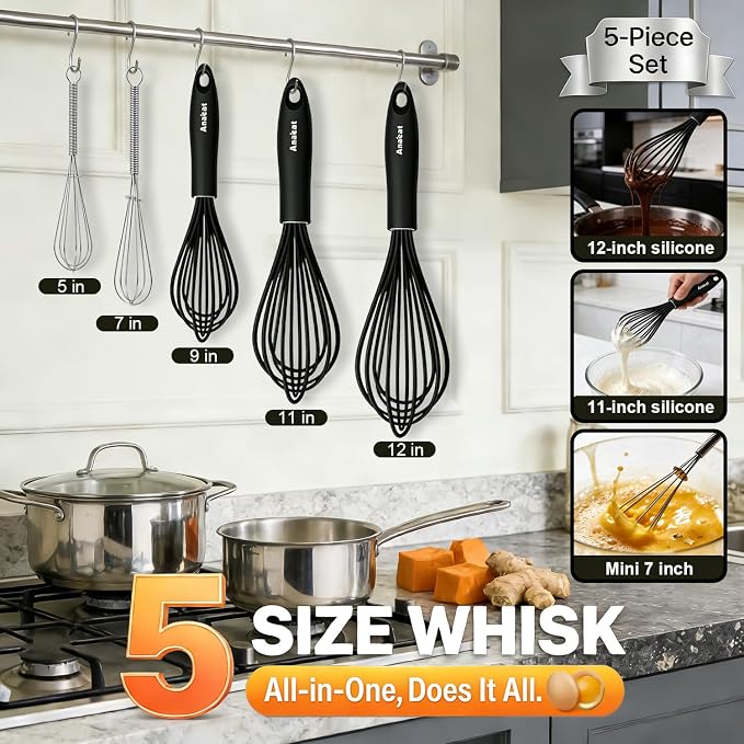 Anaeat Kitchen Whisk Set of 5, Perfect for Non-Stick Cookware, Egg Beater Milk Blender for Whisking, Cooking, Baking - 5"+7" Mini Wire Whisk and 9''+11''+12'' Silicone Balloon Whisks (Black)