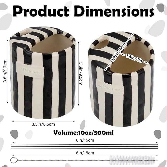 1 Pack Ceramic Mug with Sip Hole, Simple, Black | 10oz Ceramic Coffee Cup with Straws, Retro Hand Painted Striped, for Iced Coffee Tea Latte Espresso, Kitchen Dining Travel