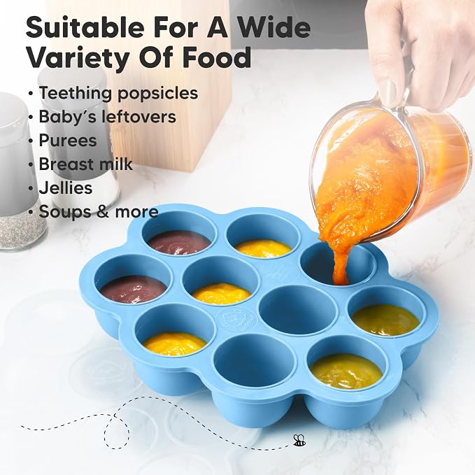 KeaBabies Silicone Food Freezer Trays with Lid, 2oz x 10 Pods (Misty Blue) | Baby Food Storage Containers, Easy Puree Meal Prep, Breast Milk Silicone Freezer Molds, Dishwasher, Microwave Safe, BPA-Free