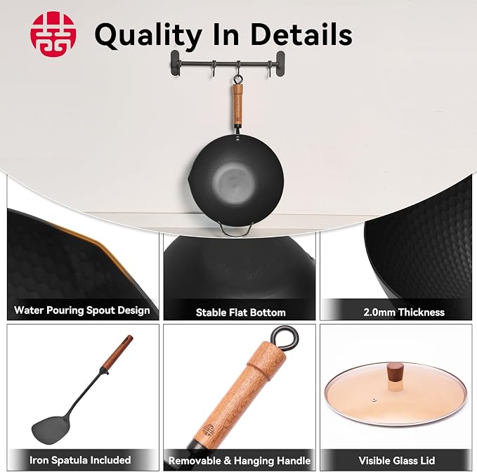 WANGYUANJI Carbon Steel Wok with Lid, 12.6" Hammered Stir Fry Pan with Helper Handle & Iron Spatula, Thickened Heavy Duty Flat Bottom Wok for Induction, Electric & Gas Stoves, Metal Utensil Safe