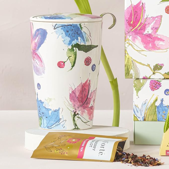 Tea Forte Double-Walled Ceramic Kati Cup, Herbal Retreat, 12 oz | Insulated Ceramic - Stainless Steel Loose Leaf Infuser - Keeps Tea Hot Longer - Lid Included - Microwave & Dishwasher Safe