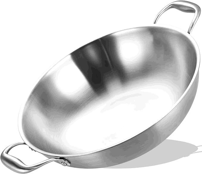 LOLYKITCH 14.5-Inch Stainless Steel Wok | Jumbo Cooker | Dual Handles | Large | Uncoated Tri-Ply Stir Fry Pan | Everyday Cooking Wok for Induction | Flat Bottom | PFOA-FREE | 6-8 Servings ﻿