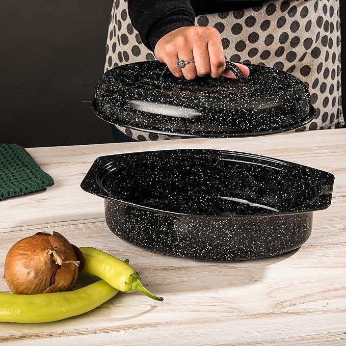 Granite Ware 13" Oval Roaster with Lid – Enameled Steel, Oven Safe to 932°F – Ideal for Roasting, Baking & Sourdough Bread – Self-Basting Cover, Dishwasher Safe, 7 lb Capacity | Oval Roaster Capacity, Roasts Up To 7 Lb Poultry Or Meat, Covered Cooking ...