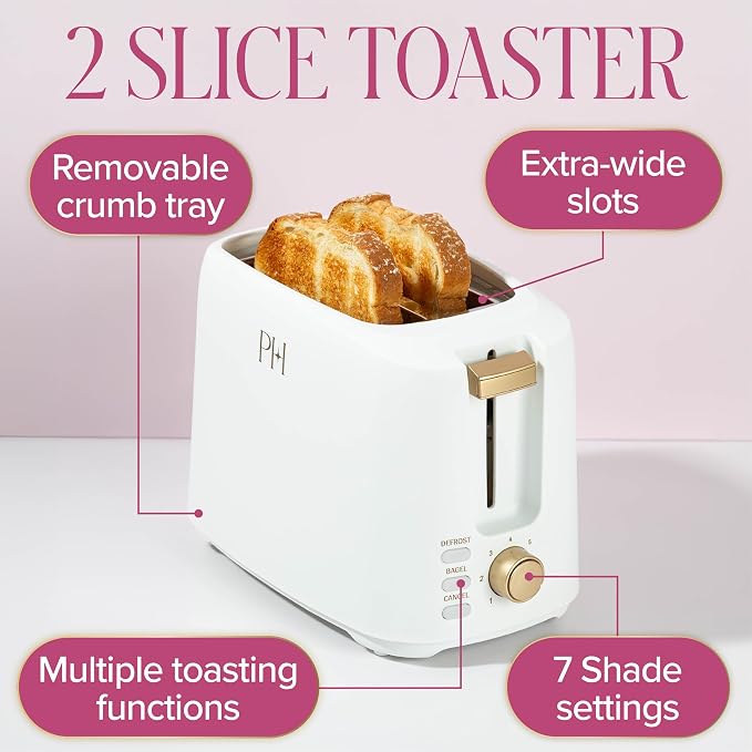 Paris Hilton 2-Slice Toaster, Extra-Wide Slots, 7 Browning Settings, Bagel & Defrost Functions, Removable Crumb Tray, White