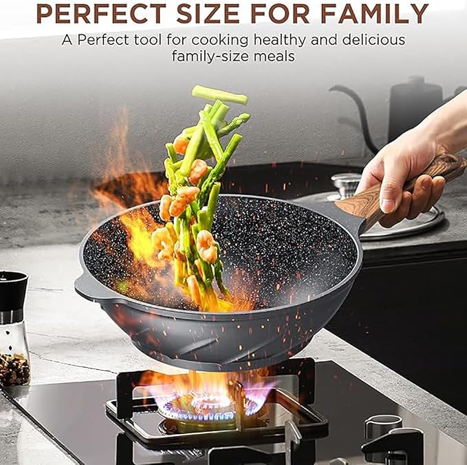 ITSMILLERS Nonstick Wok and Stir Fry Pan 12.5 inch with Spatula, Die-cast Aluminum Scratch Resistant Healthy Wok with Free-standing Lid