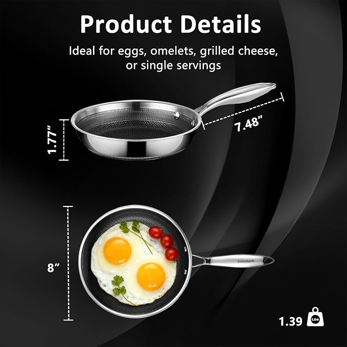 SAKAMOSH 8" Hybrid Nonstick Frying Pan, Stainless Steel, Induction Safe | PFAS/PFOA/PTFE-Free Ceramic Pan, Dishwasher & Oven Safe, Stay-Cool Handle,Compatible with All Cooktops