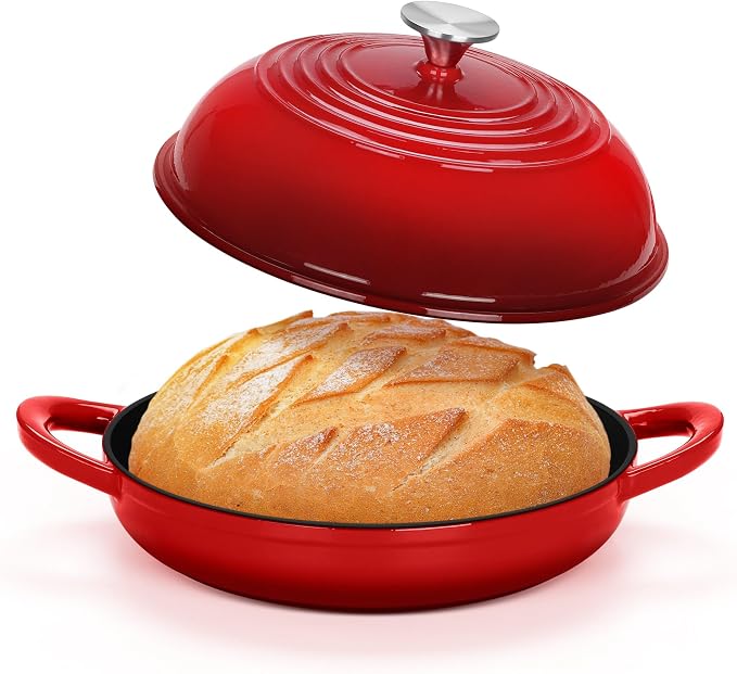 TeamFar Cast Iron Bread Dutch Oven, 6 Qt Enameled Dutch Oven Pot | for Sourdough Bread Baking, with Tall Dome Lid & Round Base Pan, Self-Basting & Even-Heating, Heavy-Duty & Non-stick, Red